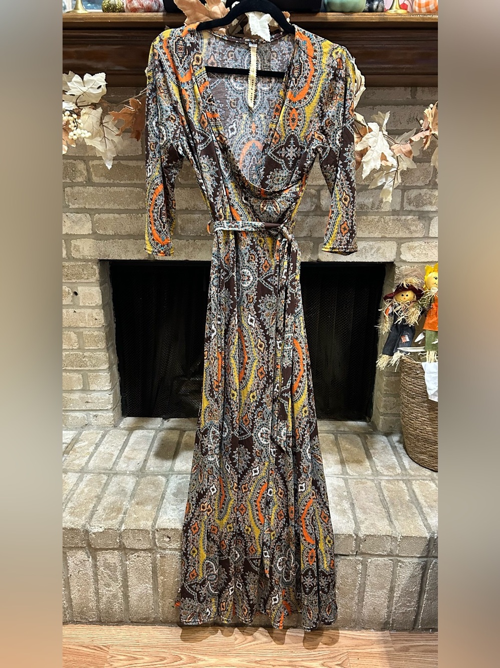 Uncle Frank Brown Paisley Maxi Dress with Orange & Yellow Accents EUC